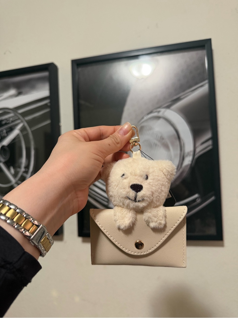 Plush Teddy Bear Card Holder Keychain - Cream